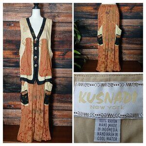 NWT KUSNADI Skirt Set 2 Piece Maxi Skirt & Vest Top Hand Made Rayon Boho Rare